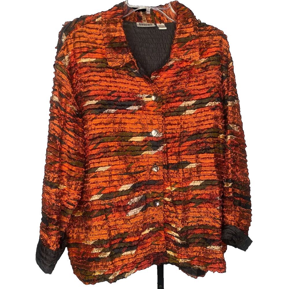 Chico's Design blazer jacket Button Down india woven 100% silk size 3 Vintage 3D